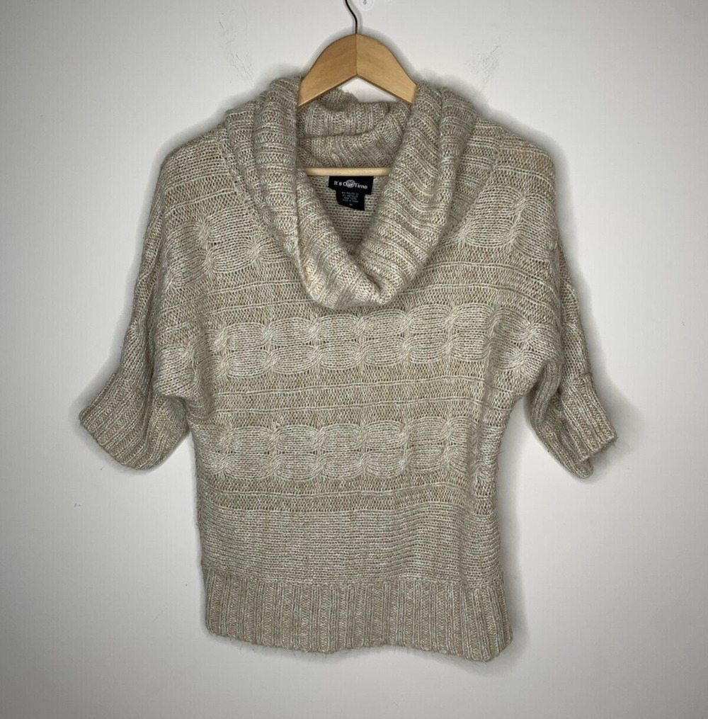 Its Our Time Womens Size M Tan Gold Sparkle Short Sleeve Sweater Knit Cowl Neck